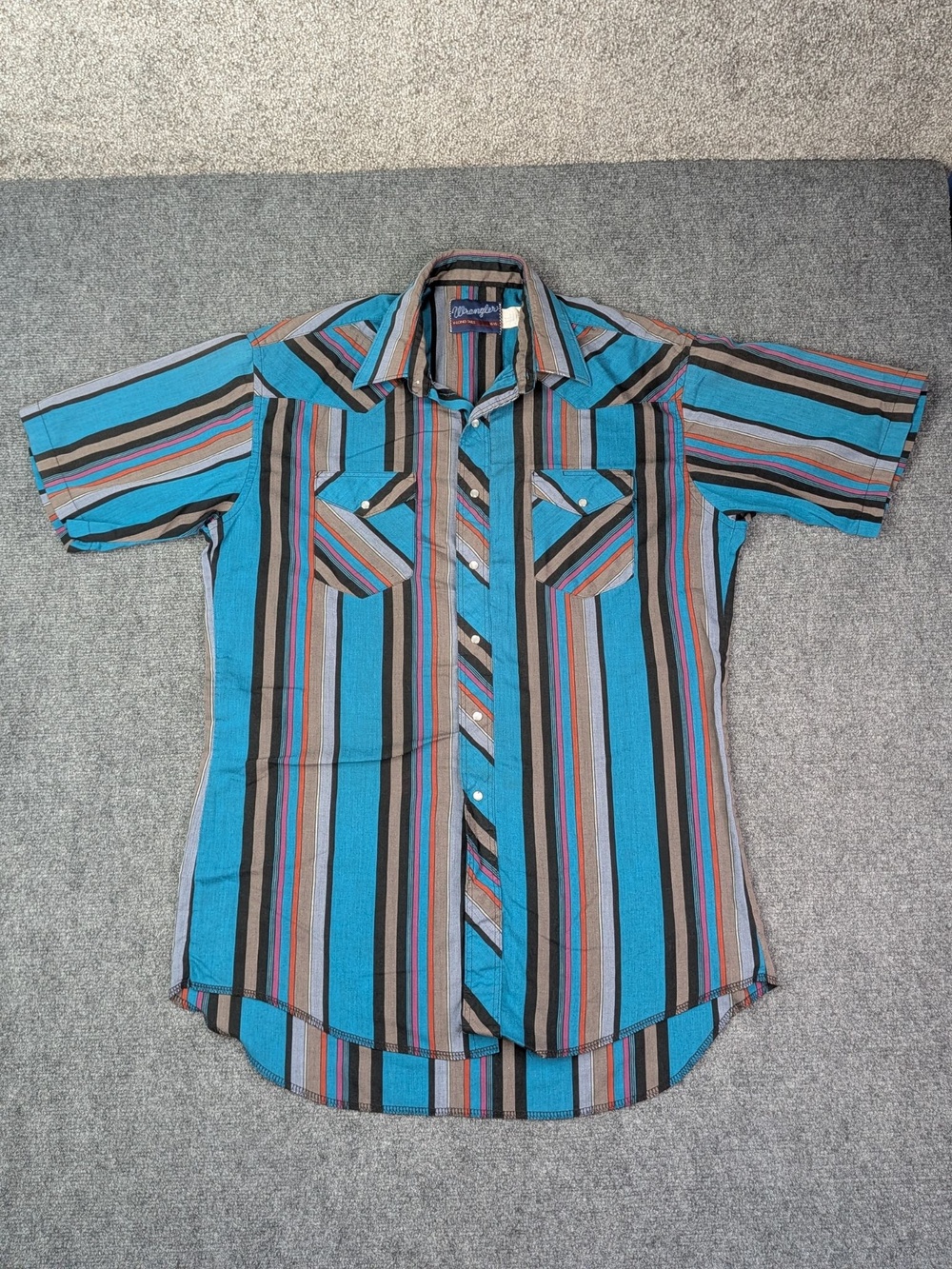 Vtg Wrangler Shirt Mens XL Blue Short Sleeve Pearl Snap Western 80s X-Long Tails
